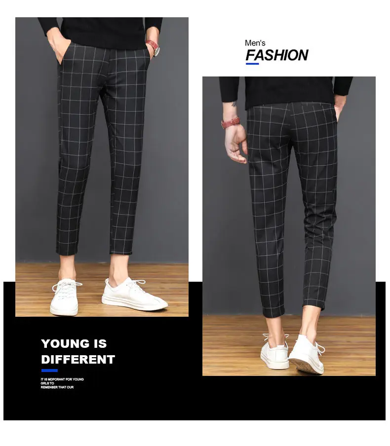 

Autumn Men Pencil Pants Stripe Plaid Pants Male Korean Fashion Capri-Pants Slim Fit Dress Suit Pants Slacks Thin Men Clothing