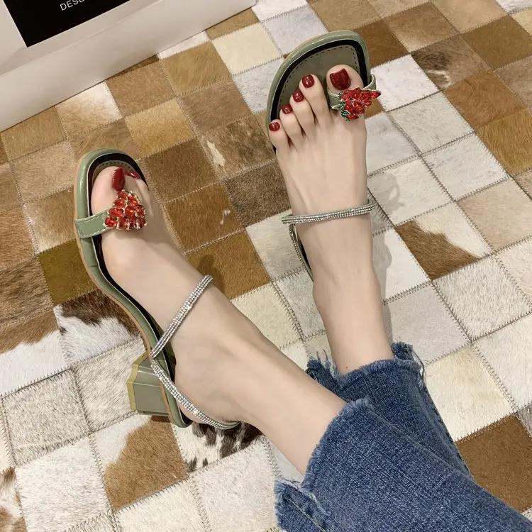 

2021 Summer High Heel Sandal for Women All-Match Two Weare Med Female Shoe High-heeled Rhinestone Fashion Medium Comfort Block