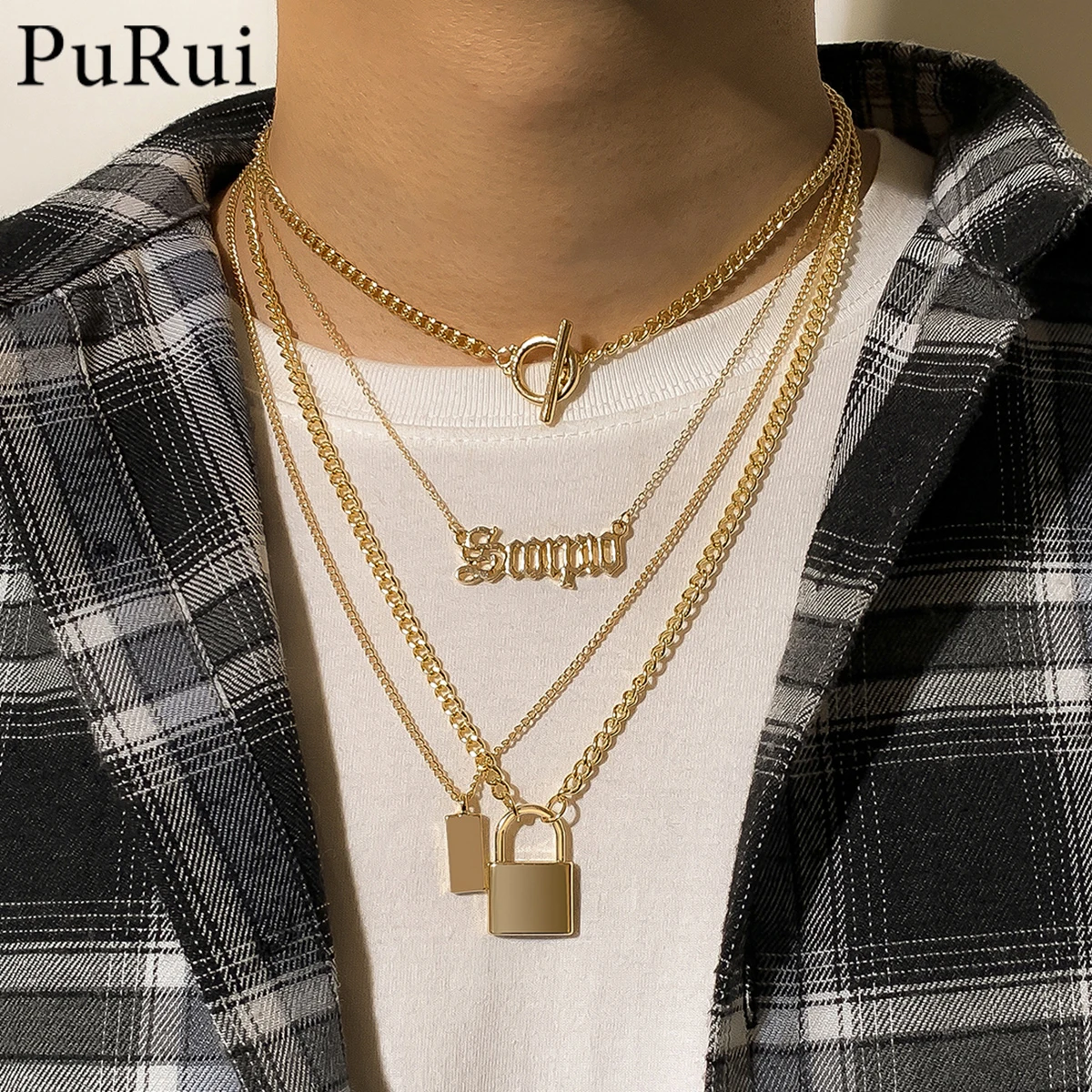 

Punk Lock Letters Square Pendants Necklace for Men Women Collier Gold Color Lasso Choker Necklace Multilayered Necklaces Jewelry