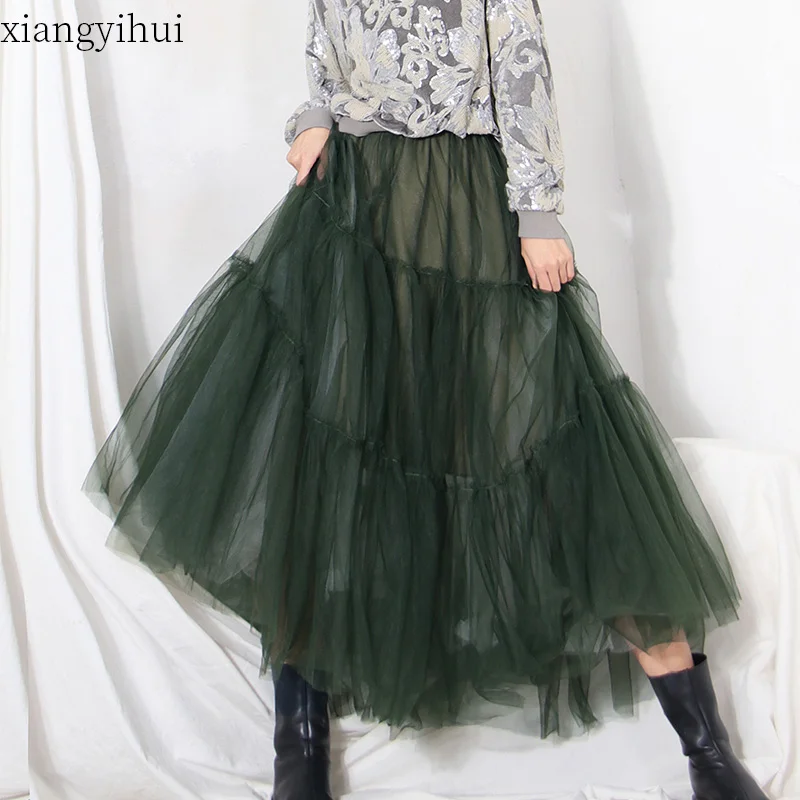 

Elegant Vintage Women Long Mesh Skirt Lady Clothes 2021 New Autumn Winter All-match Long Skirt Green Ball Gown Cake Skirts