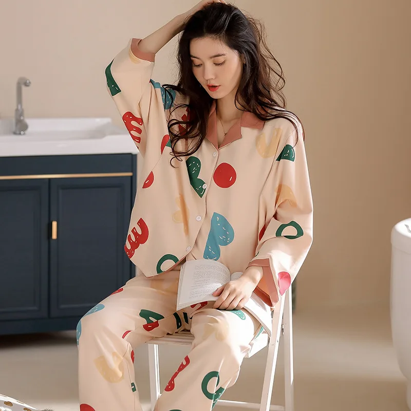 

Large Size Home Suit Color Love Pattern Pyjama Women Cardigan Pocket Long Sleeves Autumn Warm Nightwear Women's Cotton Sleepwear