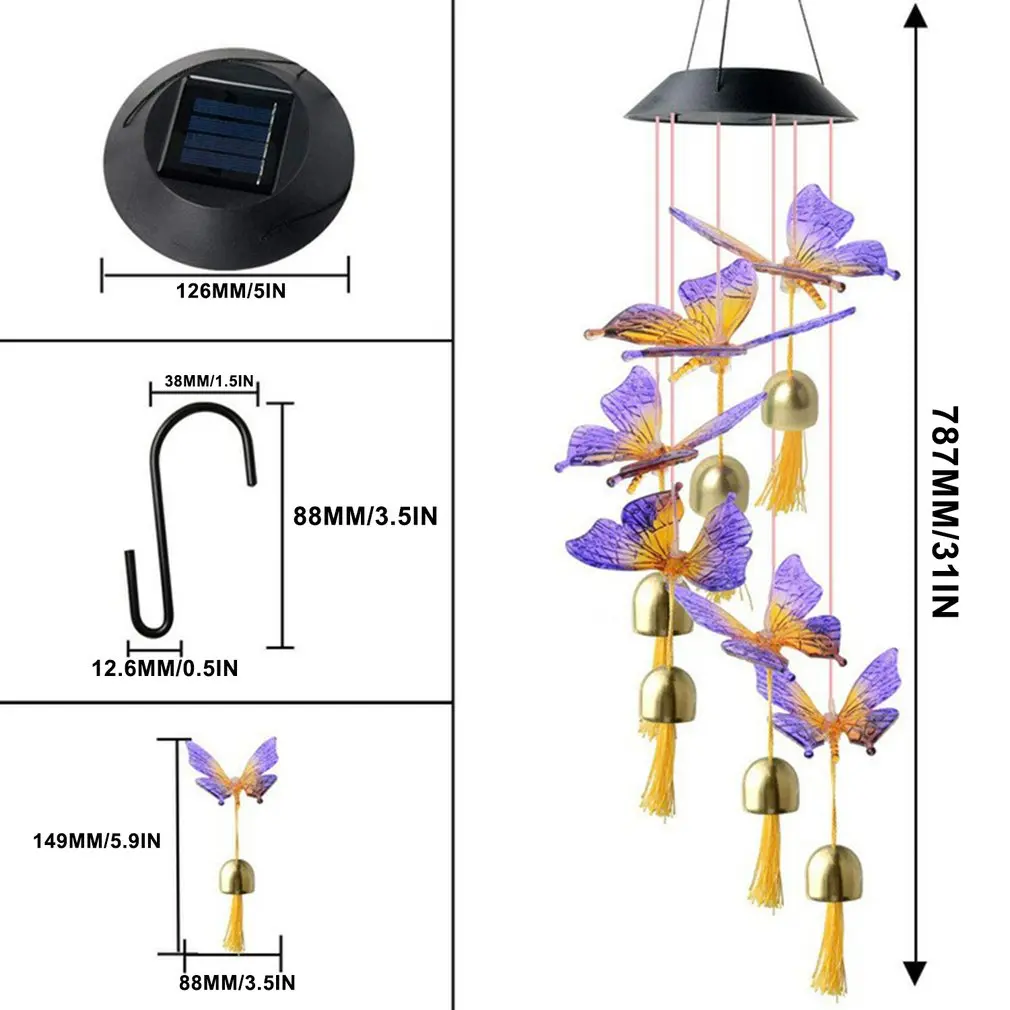 

LED Colorful Solar Power Wind Chime Crystal Hummingbird Butterfly Waterproof Windchime Solar Light for Garden Hanging Decoration