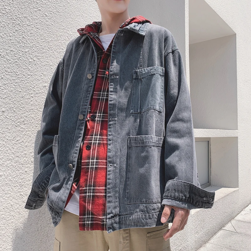 

Denim jacket male 2019 new pocket jacket wide plus velvet loose tooling jacket
