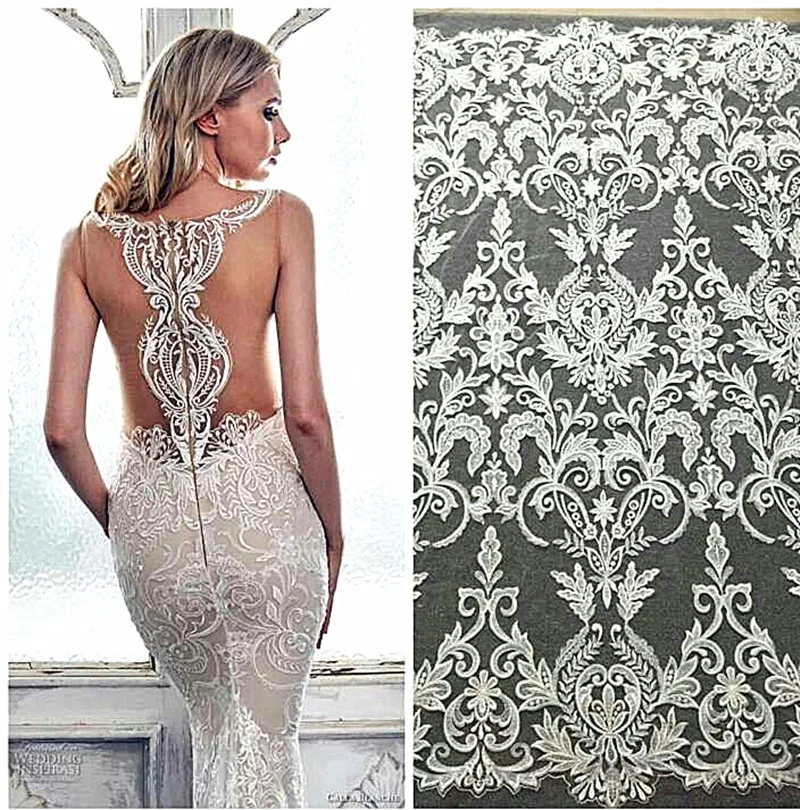 

Bridal-Wedding-Dress-Lace- Fabric Luxury Sequin Evening Dress Ivory sell for 1 Yard For Bridal-Lace