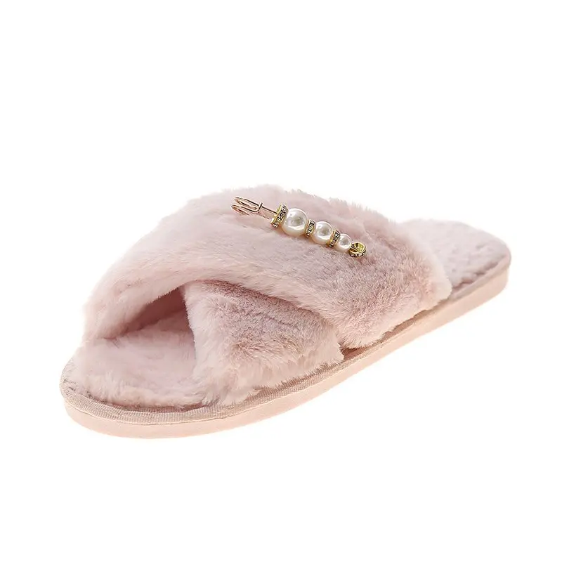 

Women Home Slippers with Pearl Chain Faux Fur Ins Fashion Warm Soft Shoes Thickened Leak-Toe Fur Slides