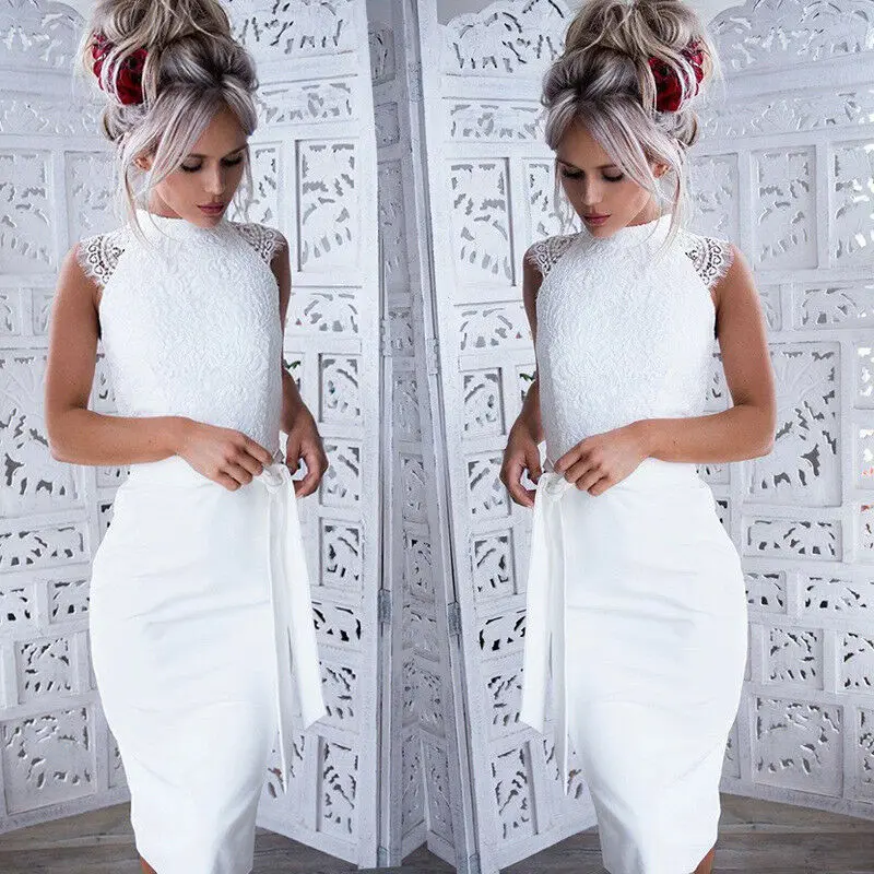 Women's Lace Sleeveless Bodycon Dress Fashion Formal Evening Party Club Wear Skinny Midi Solid White Color | Женская одежда