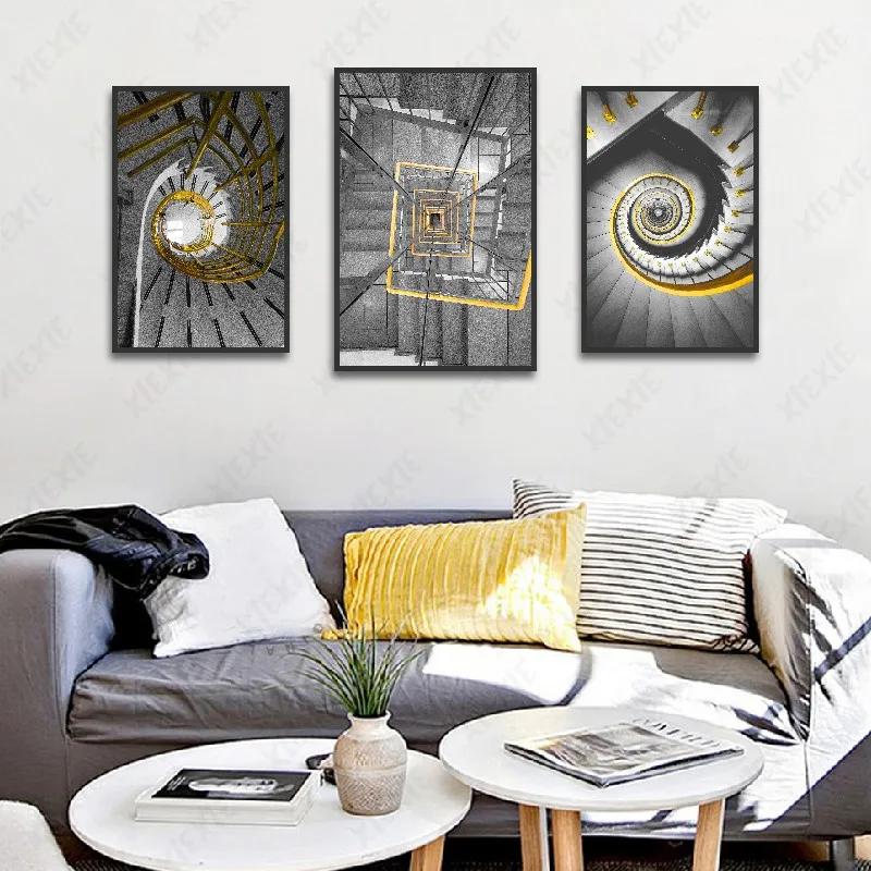 

Abstract Modern Style Unique Shape The Grey Stairs with Golden Twist Line Wall Art Canvas Painting for Living Room Decoration