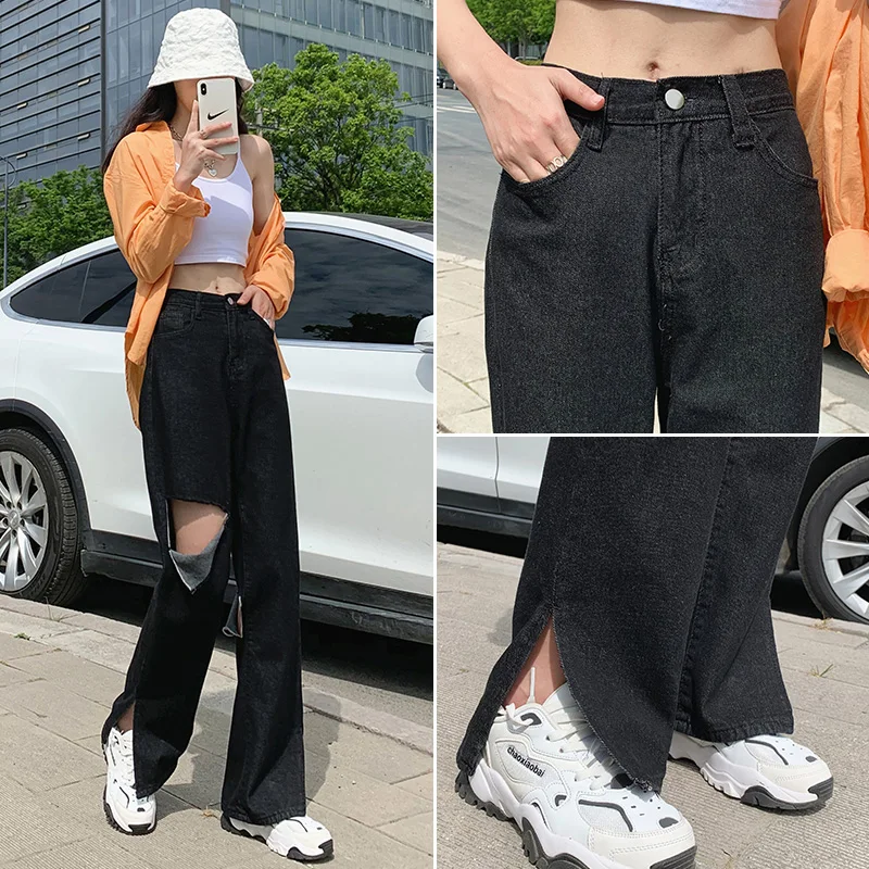 

2021 new women's ripped jeans women's wide-legged jeans loose straight pants ripped jeans trendy casual pants women's black jean