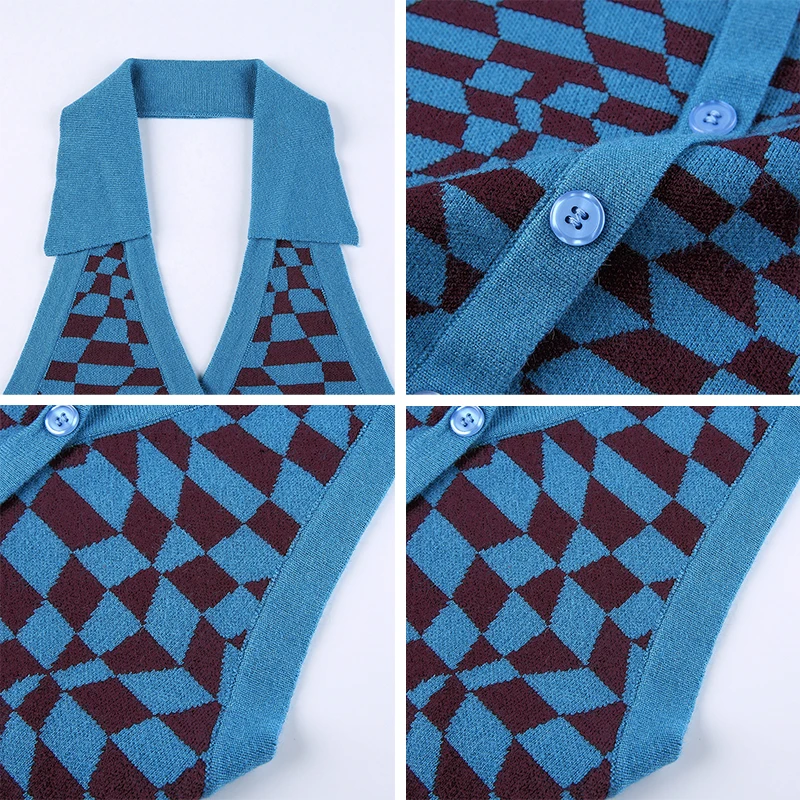 

Summer Knit Halter Bodycon Dress Backless Panelled V Neck Mini Dress Sexy Plaid Print Sleeveless Vintage Fashion Woman Dress2021