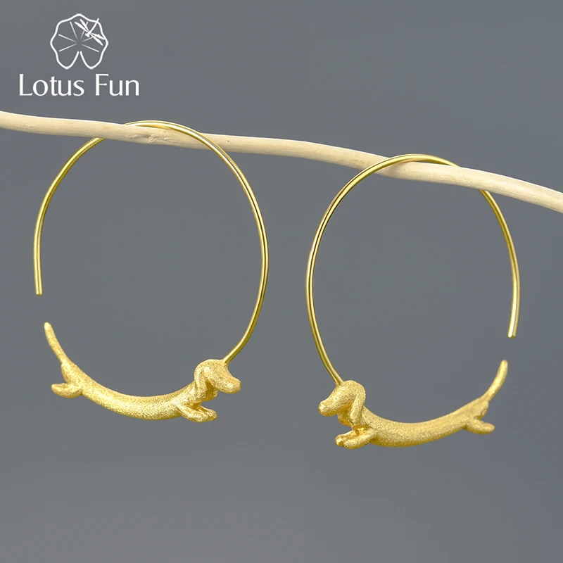 Lotus Fun 18K Gold Female Flying Dachshund Dog Big Round Hoop Earrings 2021 Trend New Real 925 Sterling Silver Women Jewelry