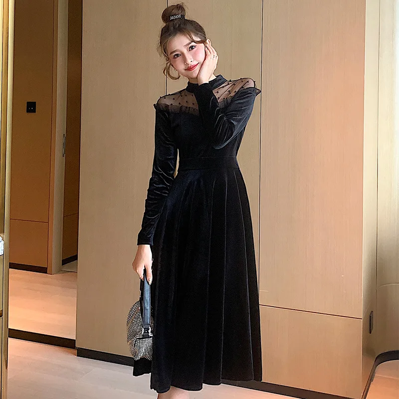 

Christmas Mesh Lace Velvet Patchwork Midi Dress Vintage Long Sleeve Sexy Autumn Winter Black Casual Velvet Dresses for Women