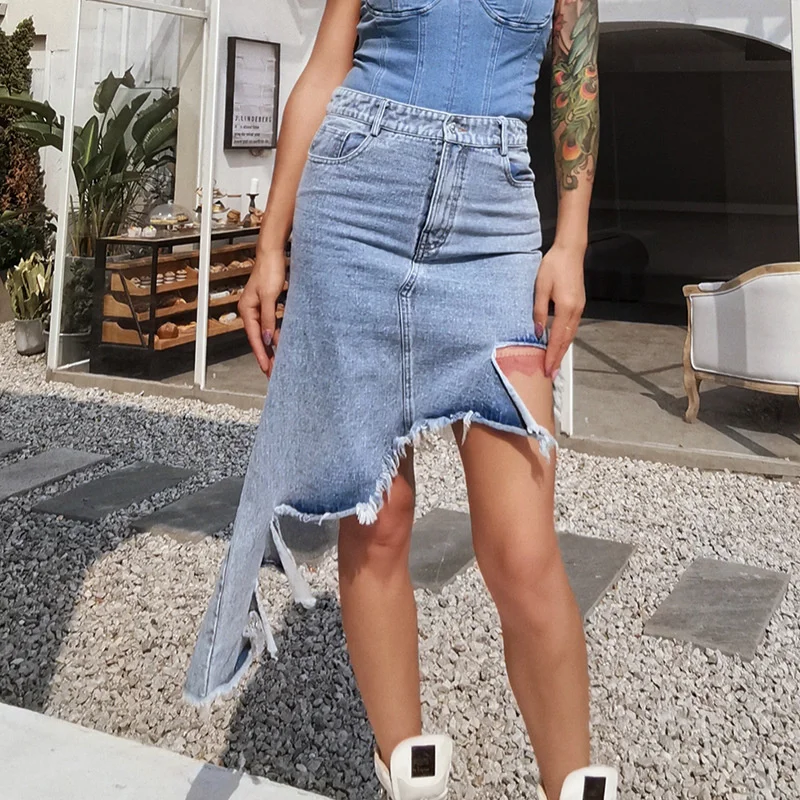 

2021 New Fashion High Waist Jeans Irregular Edging Skirt Spring And Summer Asymmetrical Denim Skirt