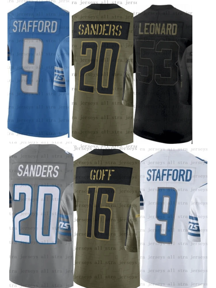 

9 Mattherw Stafford 16 Jared Goff 20 Barry Sanders 53 Darius Leonard Sports Jerseys American Football 2021 Salute Jersey