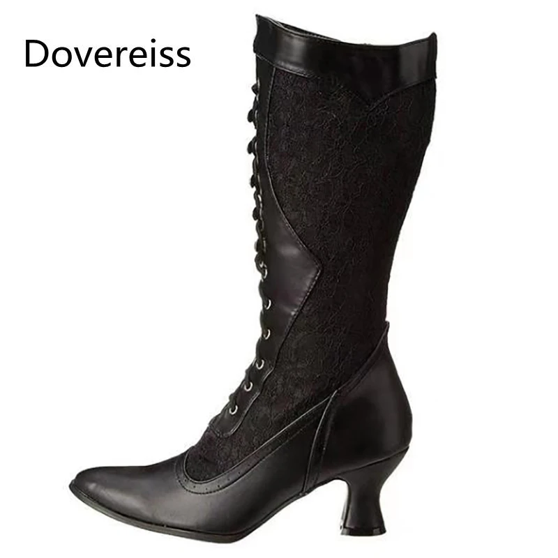 

Dovereiss Fashion Women's Shoes Winter Elegant Pure Color Mesh Cross tied Strange style heels Knee high boots Concise Mature 43