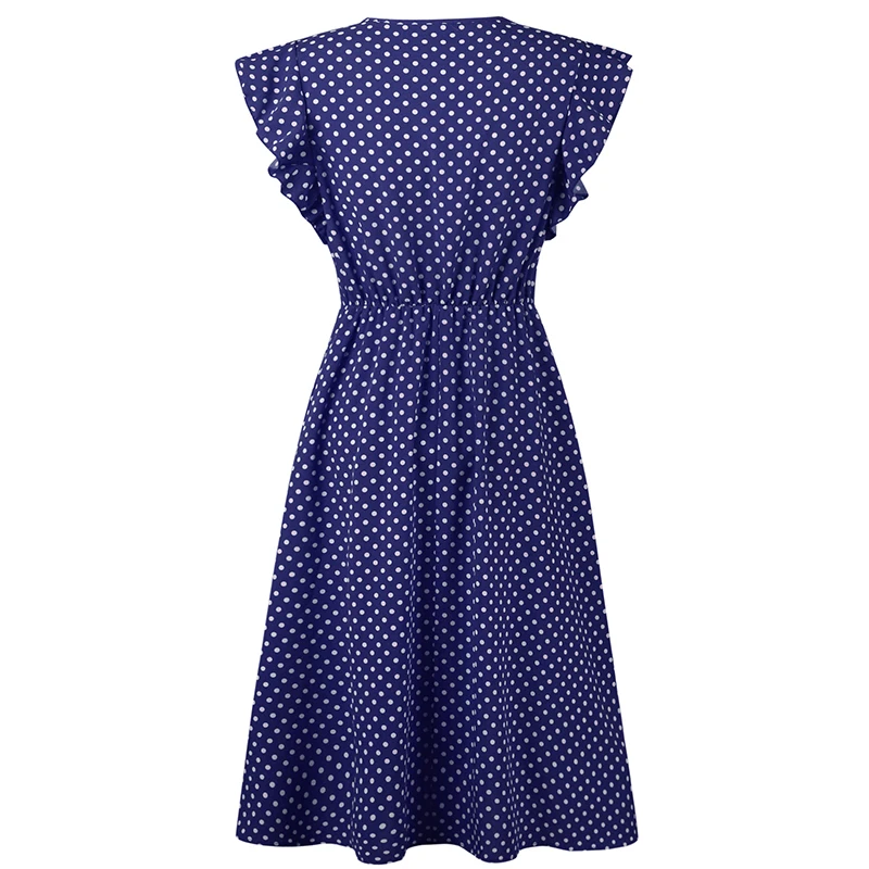 

2021 polka dot dress women's office mid-length dress retro cute A-line dress red and blue lotus leaf sleeve dress