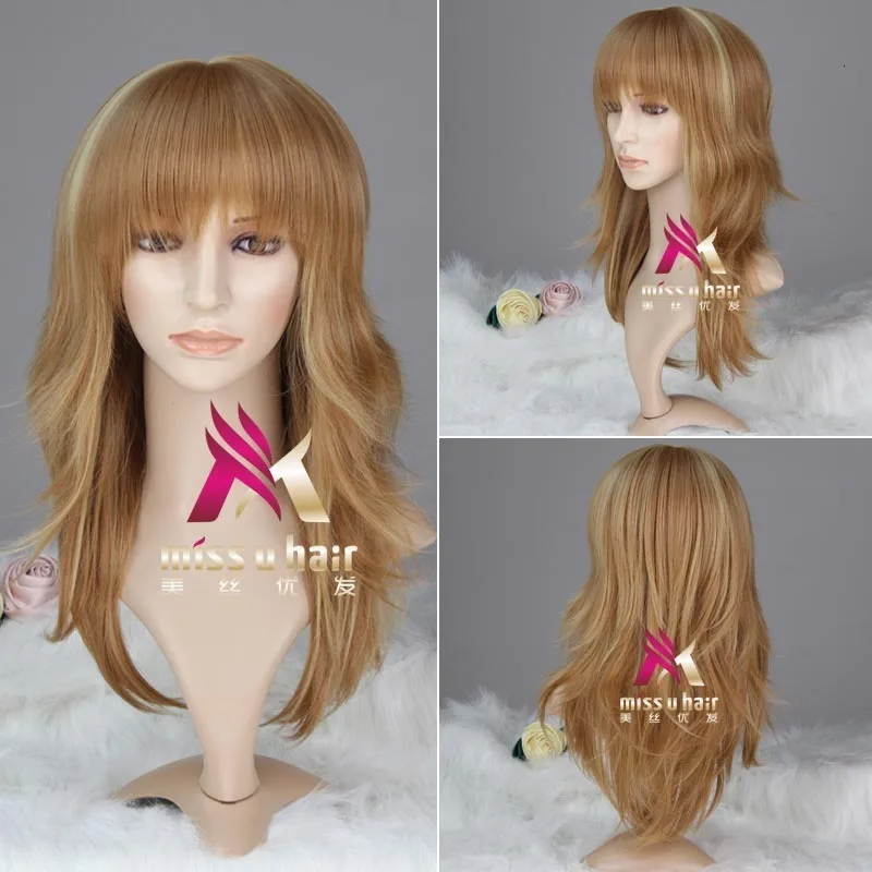 

Hair style with brown fringe blonde wigs for synthetic women cosplay Halloween Halloween Halloween heat-resistant wig + touca