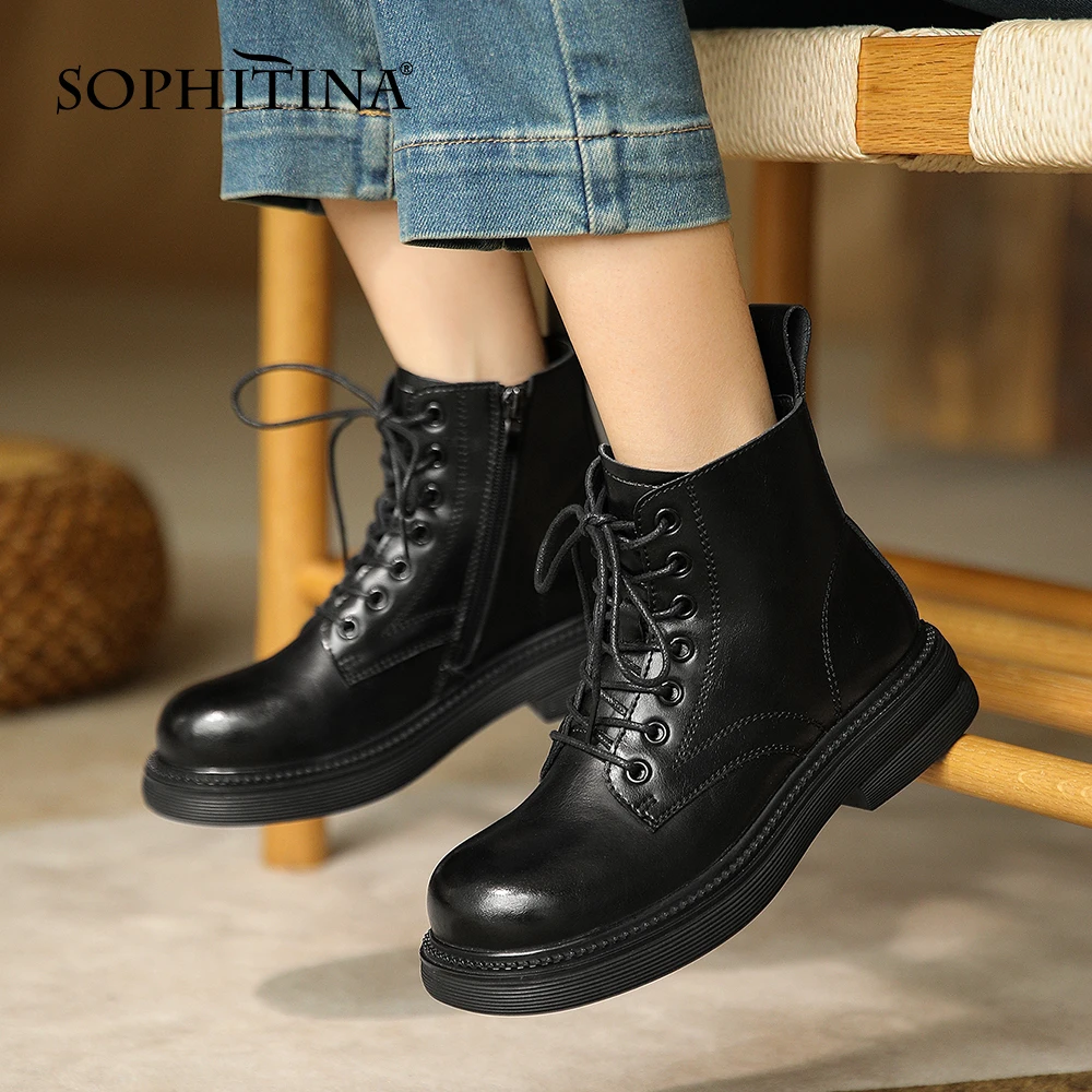 Beli Sepatu Bot Wanita Kasual SOPHITINA Sepatu Bot Ujung Bundar Kulit Asli Hak Persegi Nyaman Sepatu Kantor Wanita Berenda Ritsleting HO257