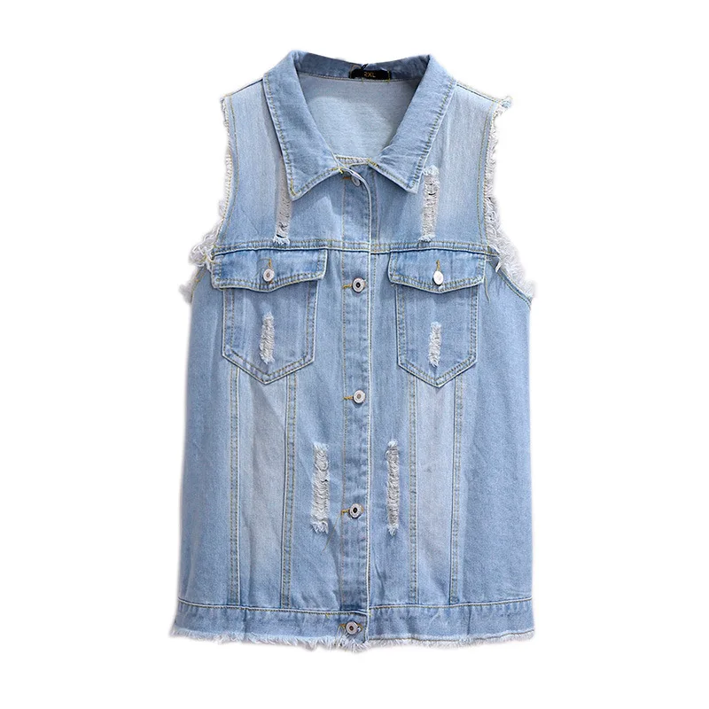 

4XL 5XL 6XL 7XL plus size coat for women New spring autumn lapel casual loose sleeveless denim pocket short vest blue clothes