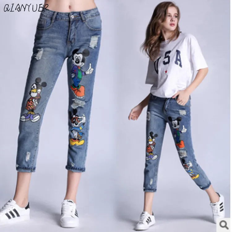 4XL Модные Узкие Джинсы бойфренда с высокой талией, женские джинсы с рисунком, Женские джинсовые штаны размера плюс, рваные джинсы для женщин