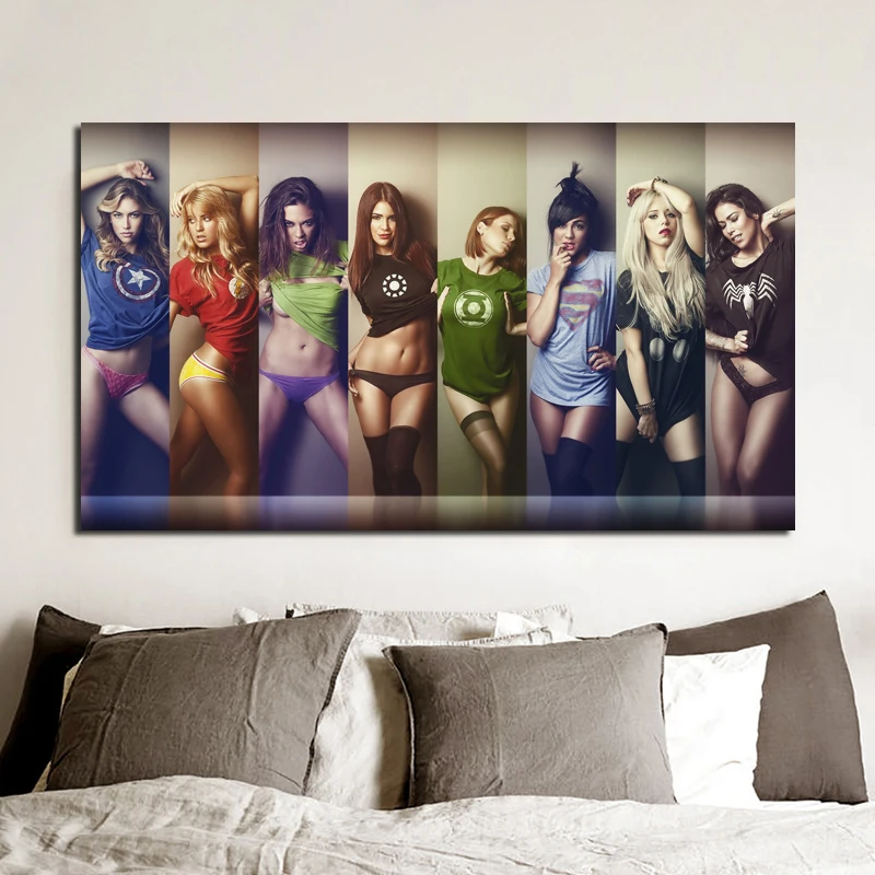 

Sexy Girls Wear SuperHeroes Shirts Wallpapers Art Canvas Poster Painting Oil Wall Picture Print Modern Home Bedroom Decoration
