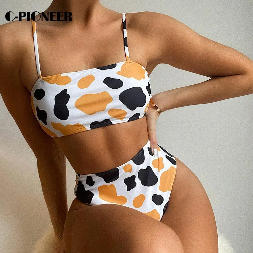 

Print Women High Waist Bikini 2021 New Bandeau Sexy Swimwear Ribbed Biquini Sports Bathing Suit Vintage Swim Suit Female