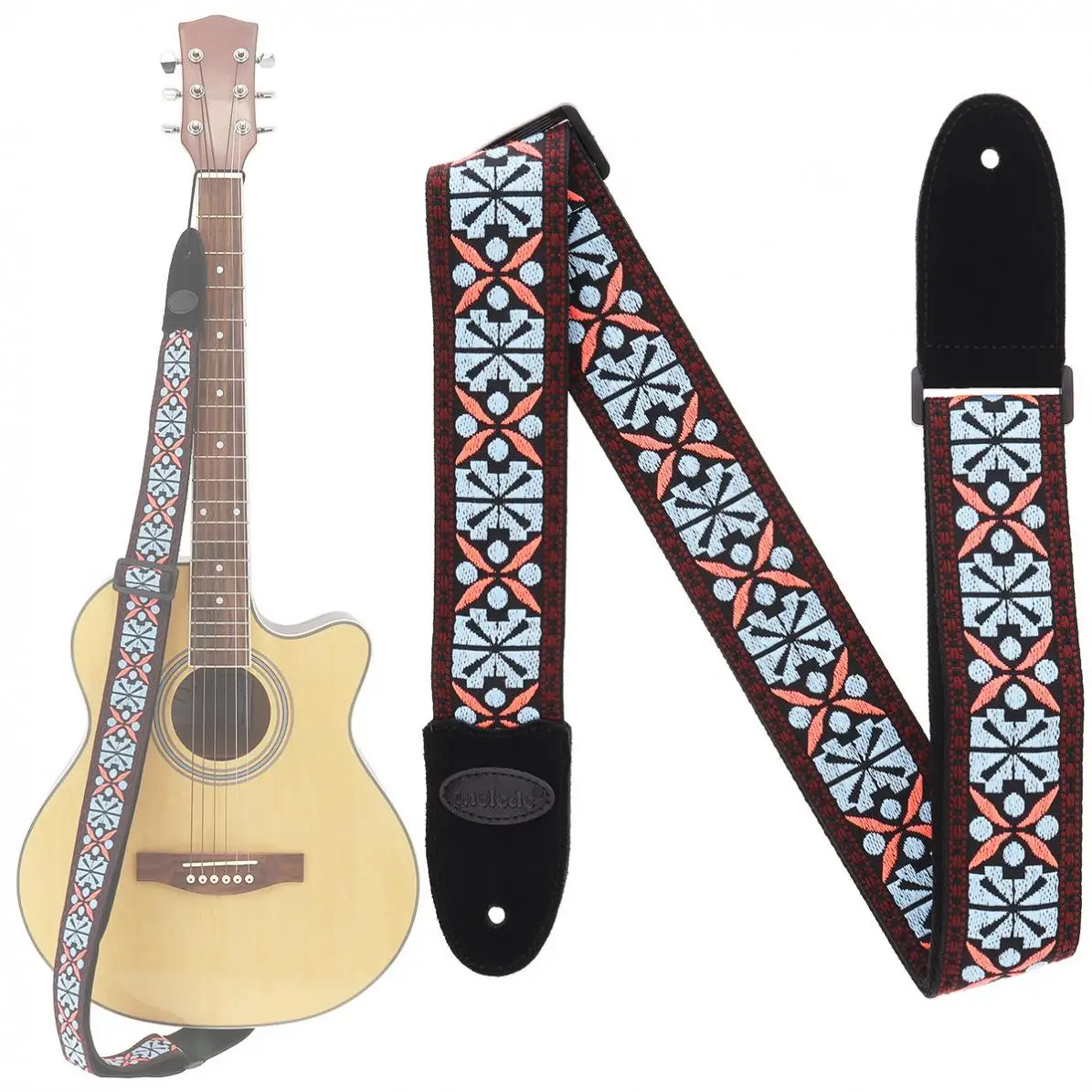 

Jacquard Weave Double Fabric Guitar Strap Flowers Pattern Genuine Leather Cow Suede Ends for Acoustic Electric Guitar Bass