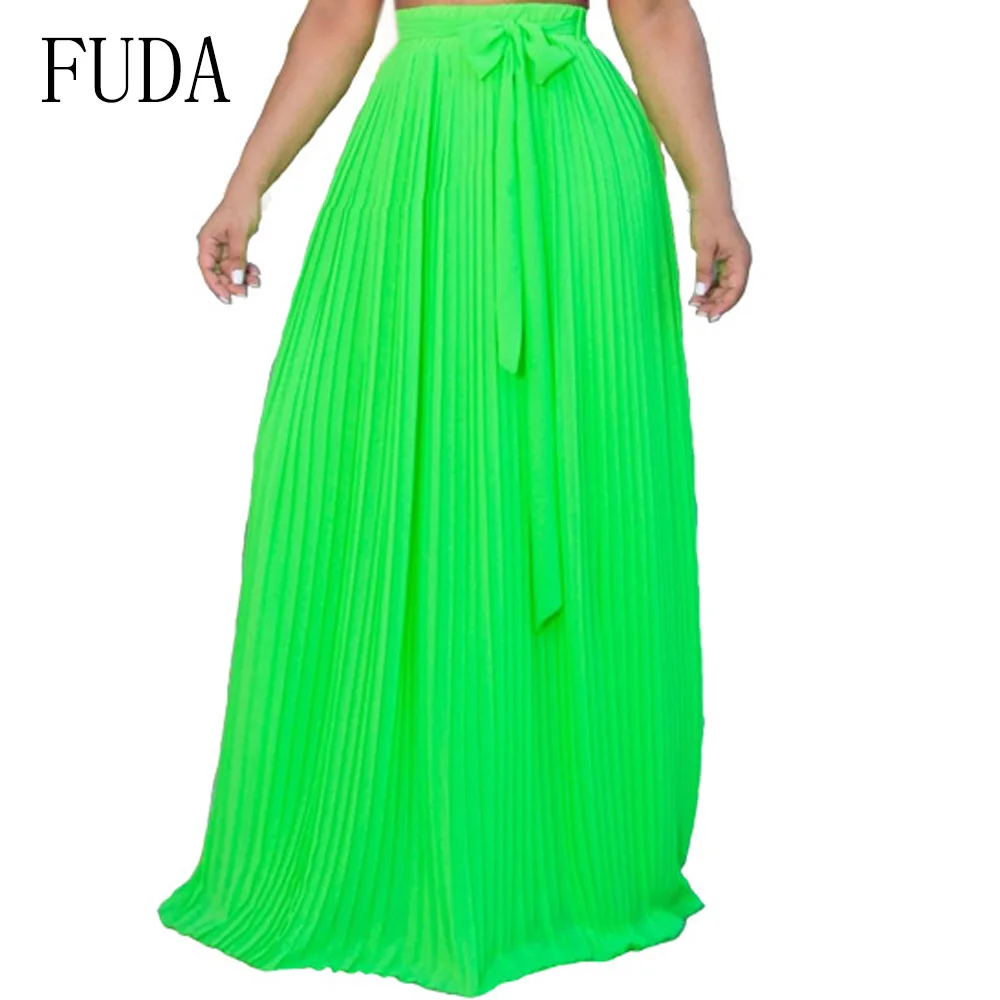 Light Green FUDA неоновый цвет, Летние Элегантные богемные шифоновые гофрированные длинные юбки, эластичная талия, Женская Повседневная пляжная Макси-юбка в пол - Цвет: Light Green