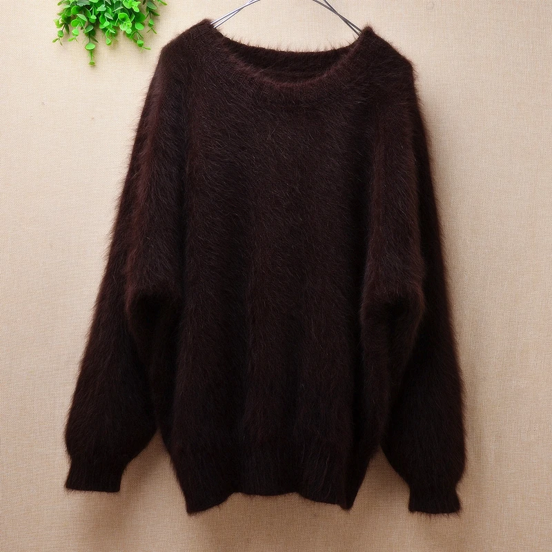 

female women hairy fuzzy mink cashmere o-neck long batwing sleeves pullover angora rabbit fur winter loose jumper sweater pull