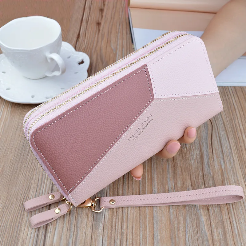 2021 new double zipper hand wallet lady long stitching contrast color large capacity double wallet mobile phone small bag