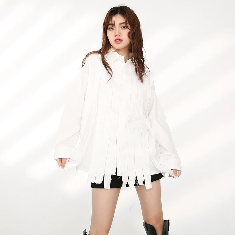 

[EAM] Women White Burr Ribbon Big Size Blouse New Lapel Long Sleeve Loose Fit Shirt Fashion Tide Spring Autumn 2021 1T70100S