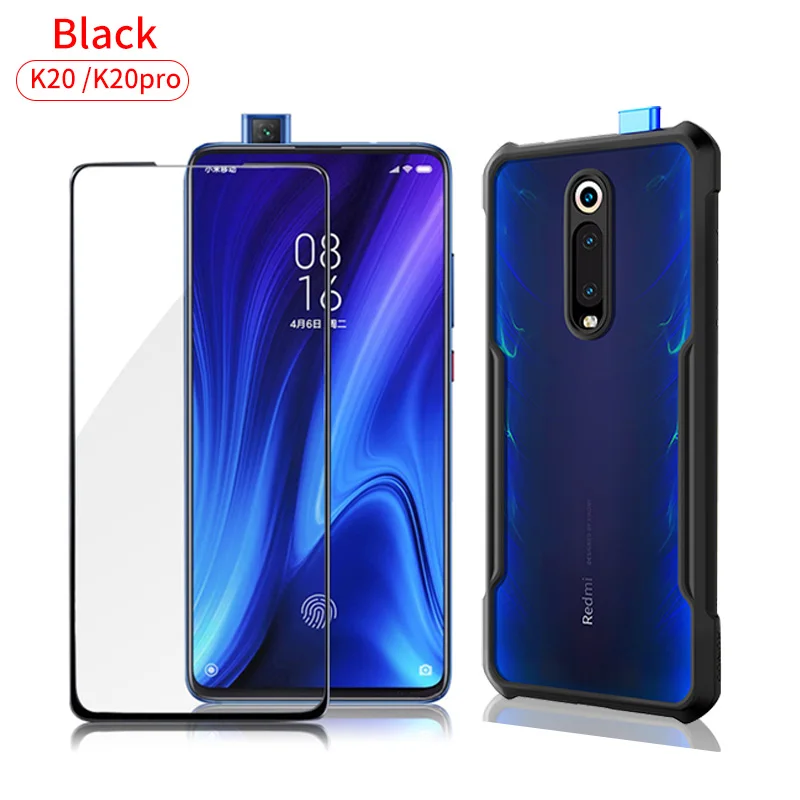 black case and glass Противоударный чехол для телефона Red mi Note 7 Note 8 Note8 Pro, защитный чехол со стеклом для Xiaomi mi 9 T/mi A3/Red mi K20/mi 9T Pro - Цвет: black case and glass