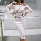 Платье женское эластичное с оборками, элегантное однотонное шифоновое облегающее вечернее средней длины, с открытыми плечами и длинным рукавом, весна-лето 2020