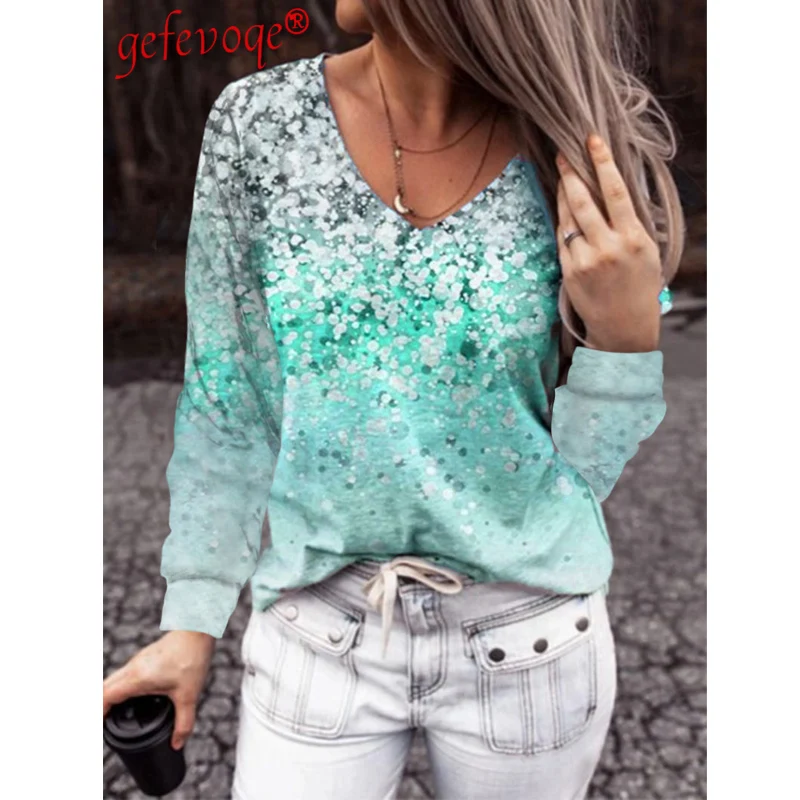 

2021 Autumn Clothing Women Fashion Tops V-neck Floral Print Long Sleeve Casual Streetwear Harajuku Tees T-shirt Oversized Tshirt