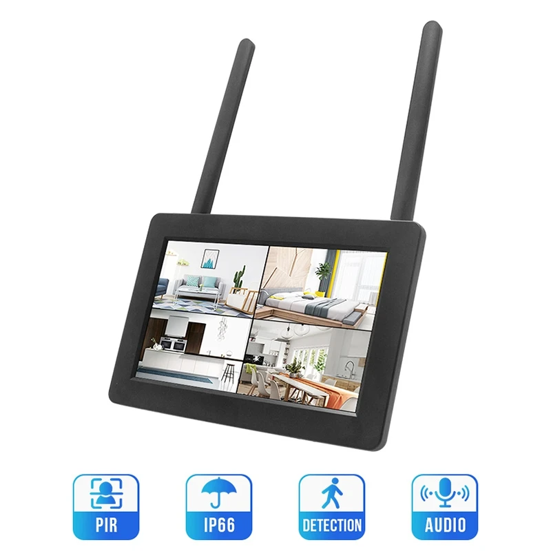 

MOOL 4CH Wireless Security Camera NVR System with 7Inch Presssn Monitor 2Pcs 1080P 2MP Camera Motion Detection EU Plug