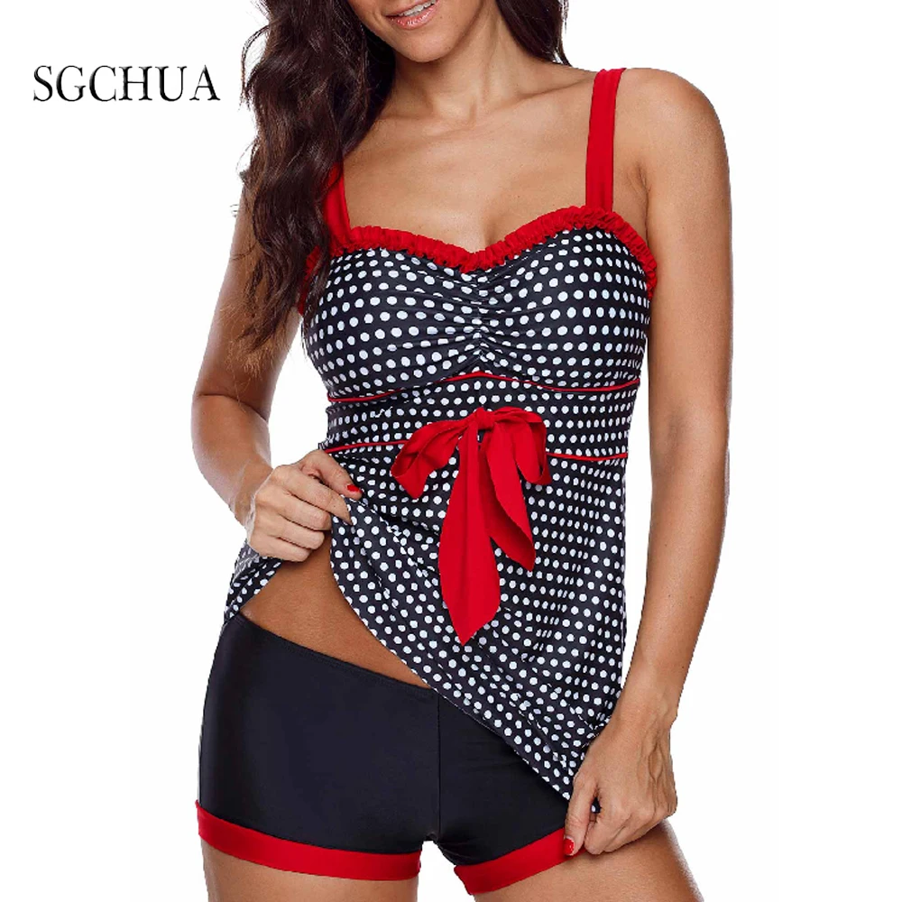 

SGCHUA 2021 Sexy Polka Dot Bikini Set Red Knot-Bow And Lace Two Piece Bathing Suit Large Size Long Skrit Beachwer Biquini Famale