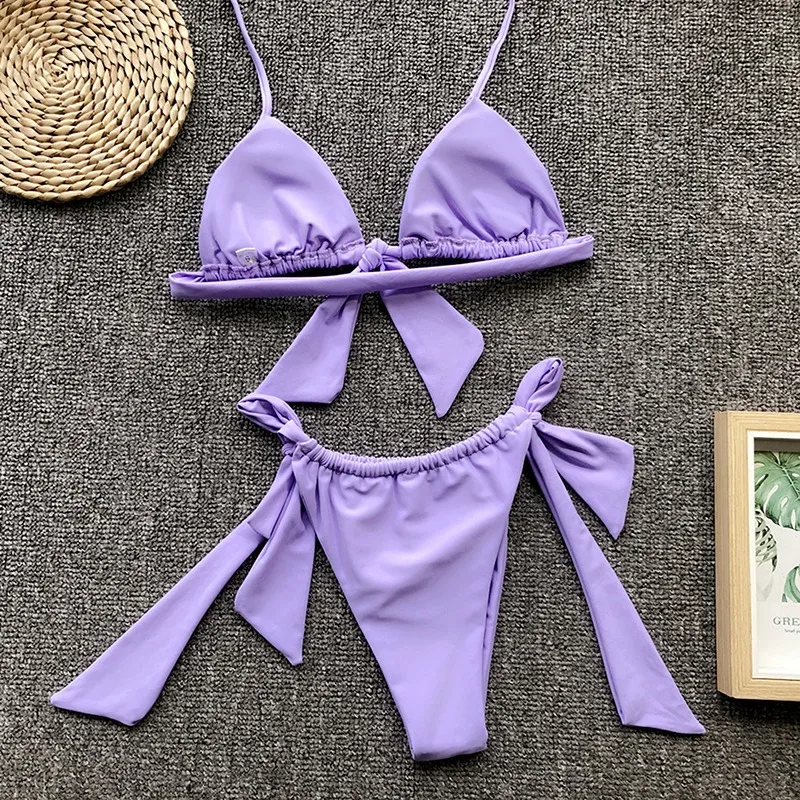 

Sexy Bikini 2021 Swimwear Women Summer Halter Lace Up Bow Push Up Padded Bra Micro Bikini Thong Two Piece Set Beachwear