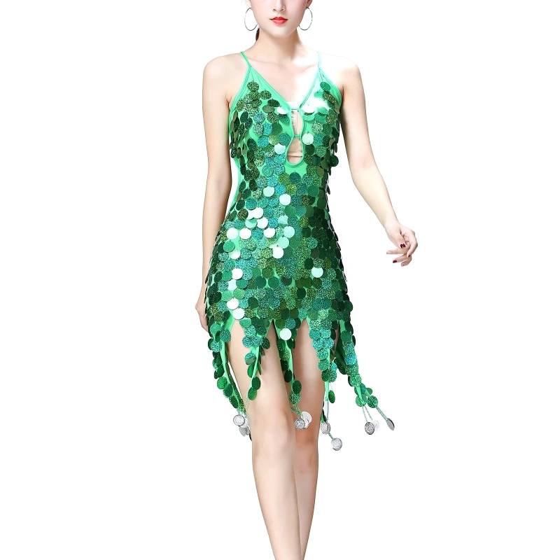 Юбка для латиноамериканских танцев без рукавов с круглыми блестками и бахромой |