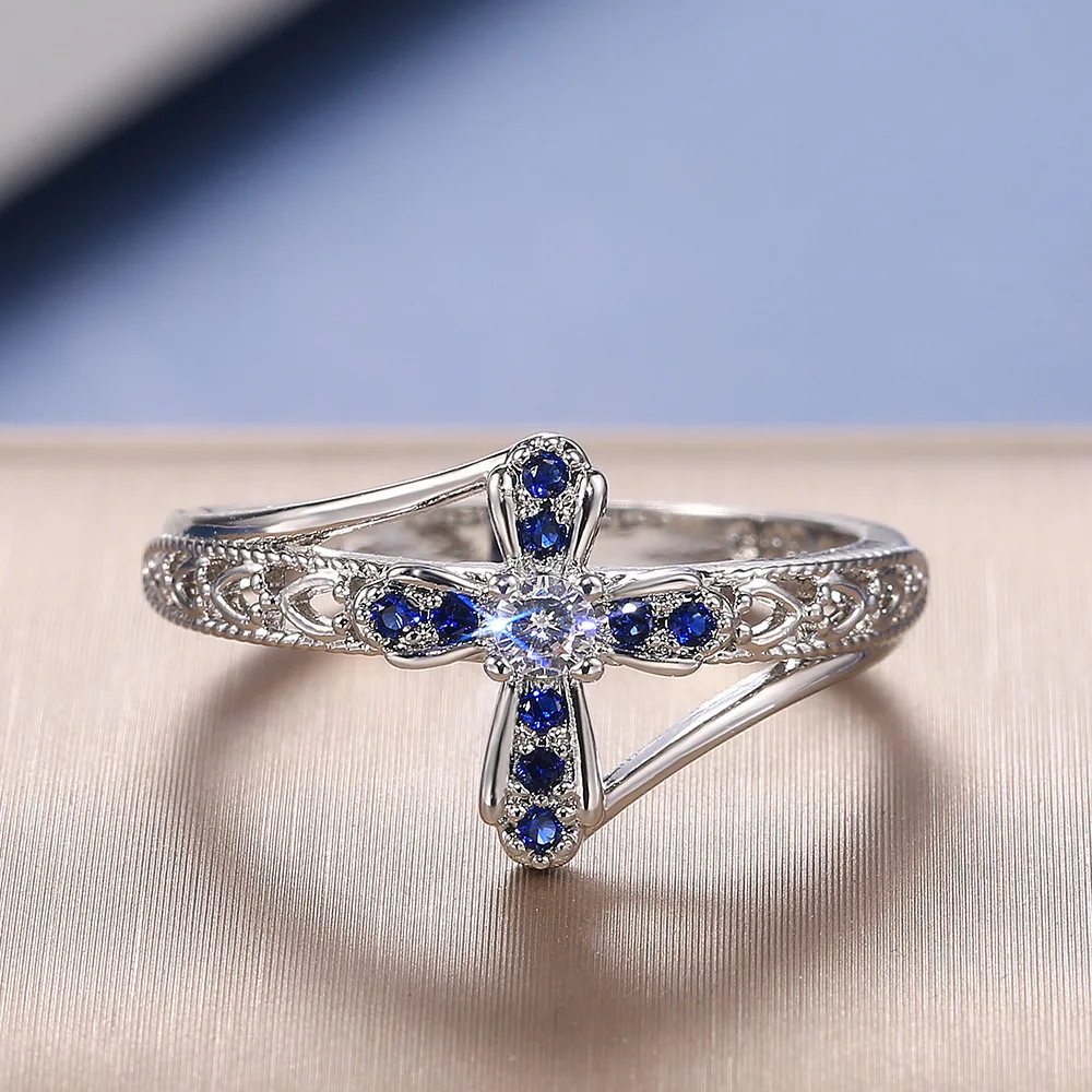 

2021 European and American Temperament Popular Cross Hollow Zircon Ring Wedding Bridal Rings Fashion Accessories Size 6-10