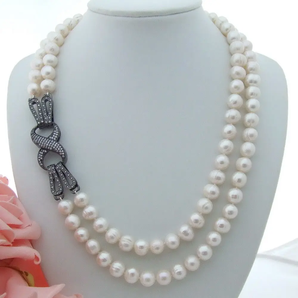 

18-19'' 2 Strands 8-9mm White Pearl Necklace CZ Clasp