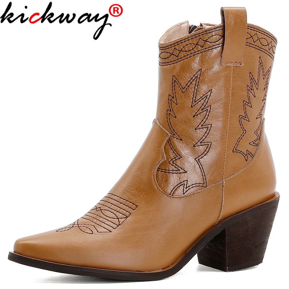 

Kickway Genuine Leather Embroider Cowboy Ankle Boots for Women Autumn Winter Pointed Wedge High Heel Boots Western Cowgirl Boots
