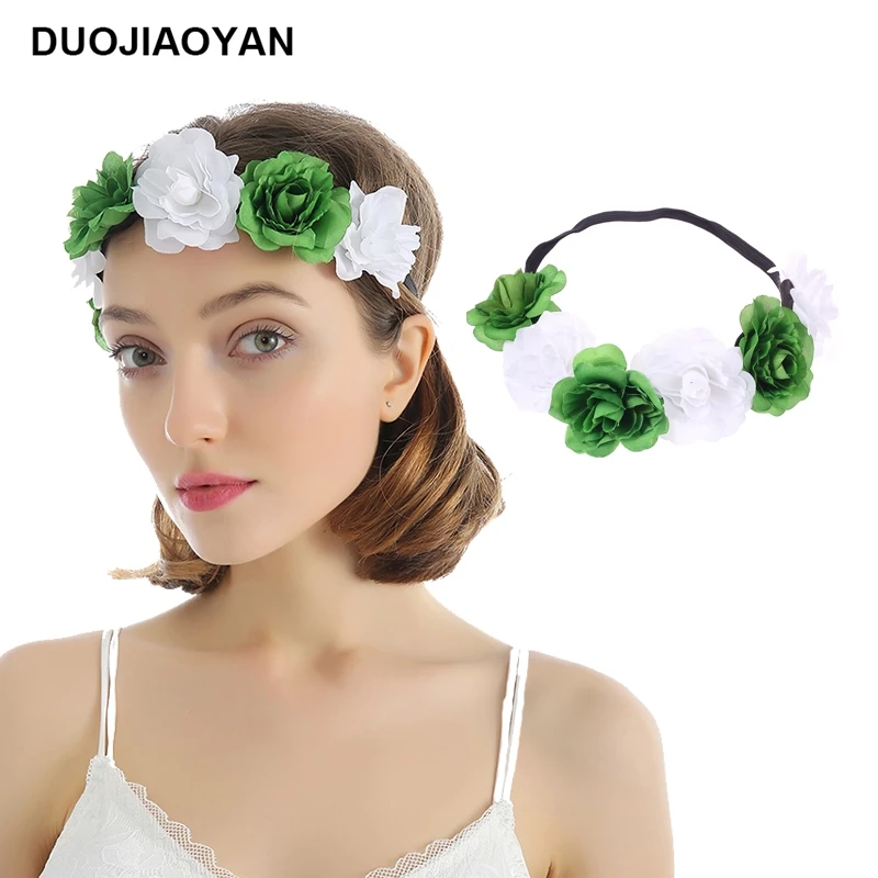

DUOJIAOYAN New Elastic Flower Headband Crown Women Green white floral Hair Accessories band girls Spring flower Wreath