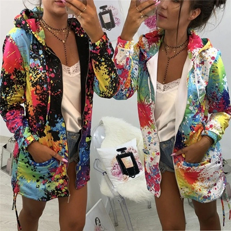 

Print Jacket Zipper Hooded Pocket Long Tie Dyeing Print Windbreaker Thin Sweatshirt Overcoat Women Autumn and Winter Warm Coat