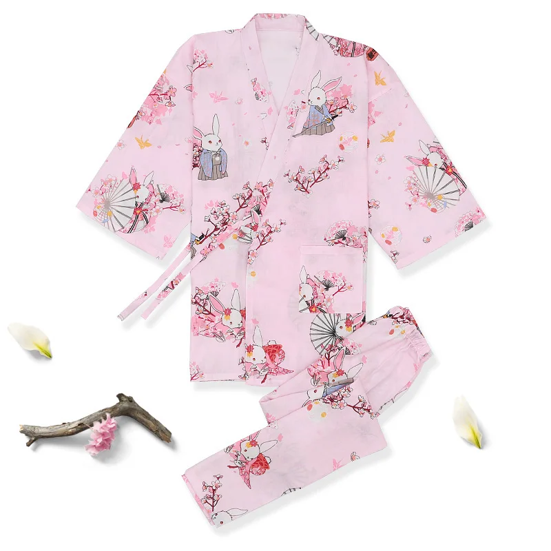 Японской традиции Стиль с милым принтом из хлопка и льна пижамные брюки для