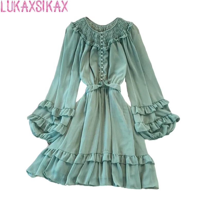 

Новинка сезона весна-осень 2022, женское мини-платье LUKAXSIKAX с круглым вырезом и длинным рукавом, шифоновое лоскутное платье в стиле ретро дворц...