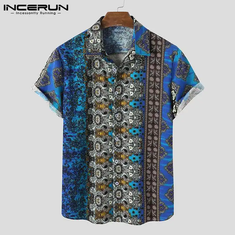

Summer Vintage Men Shirt Printed Lapel Short Sleeve Cotton Streetwear Casual Hawaiian Shirts 2021 Ethnic Style Camisas INCERUN