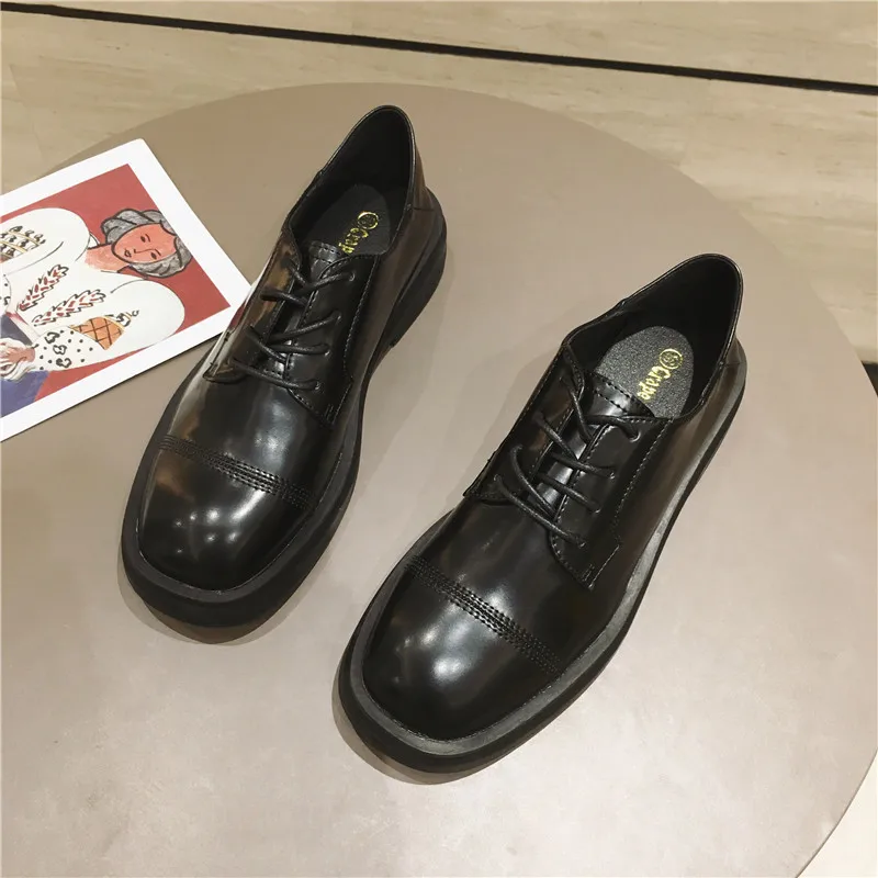 

Hjwsfdcai Chunky Heel Women British Wind Fashion Single Shoes Round Toe Low Heel Ladies Black Leather Shoes Casual Mujer Shoes