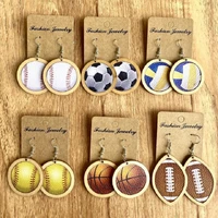 creative vegan leather round shape women football basketball baseball volleyball print wooden earrings western sports jewelry