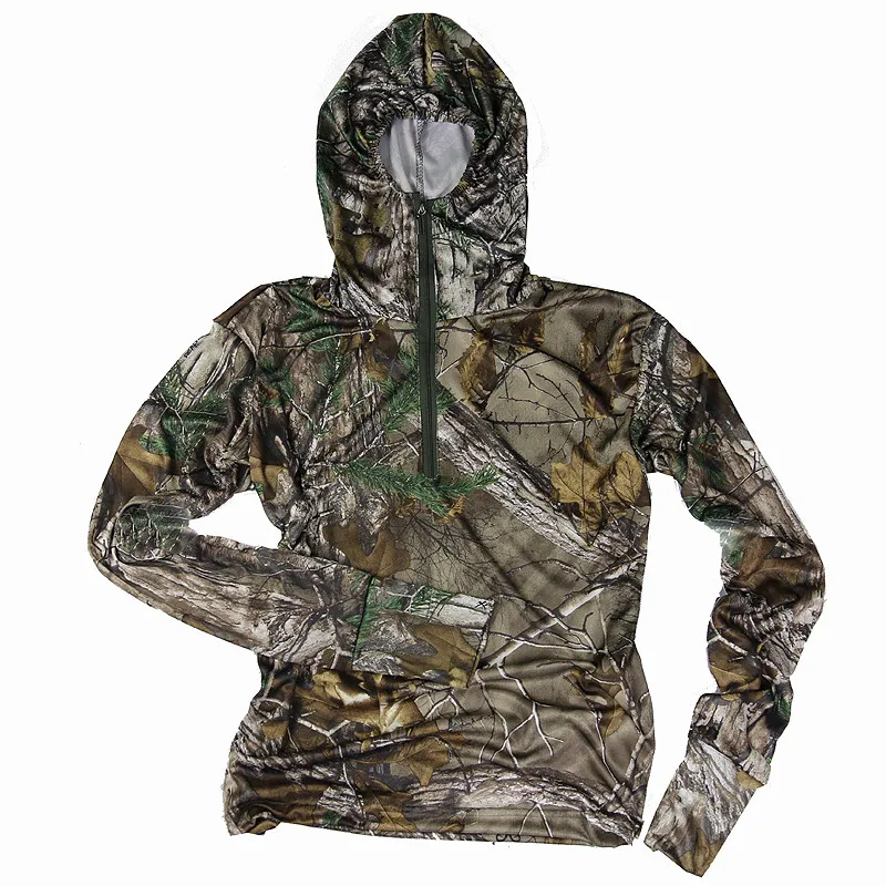 

Summer Men's Hunting Fishing Hiking Sunscreen Hooded T-Shirts Male Breathable Quick-Drying Bionic Camouflage Long Sleeve T-Shirt