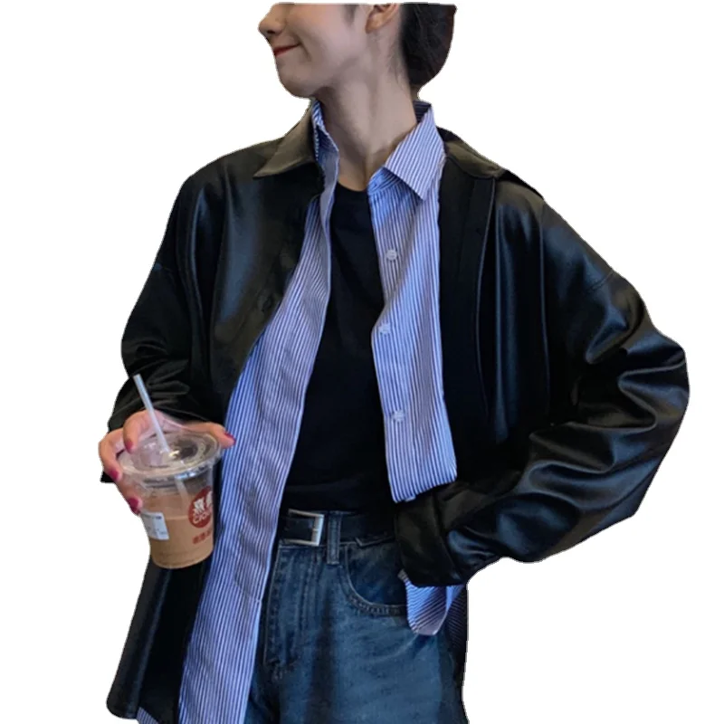 

Loose Pu Leather jacket women 2021 spring-autumn new student Lapel Long-sleeved mid-length leather coat single-breasted handsome