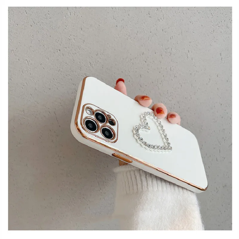 

Holo Heart Diamond Glitter Plated case for iPhone 11 Pro Max 12 SE 2020 XR XS X Silicon Gold Electroplated Cover for iPhone 7 8
